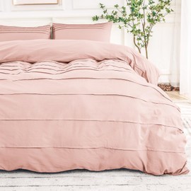 NEXHOME PRO 100% Washed Cotton Duvet Cover Queen Size, Pleated Textured Duvet Cover Set Light Pink, 3 Pieces Bedding Set with Zipper Closure, Soft, Lightweight and Breathable (90"x90", No Comforter)