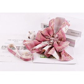 Aki Kumaya Dog Harness Lead Set with Ribbon Cute Plaid Bowknot Mesh (M, Pink)