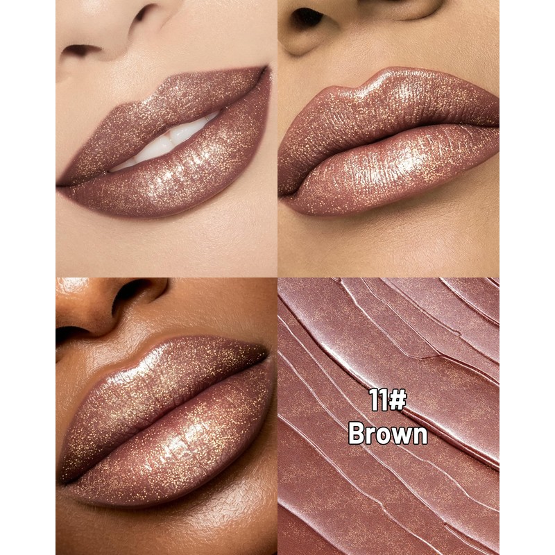 Glitter Brown Lipstick, Metallic Shimmer Frosted Lipstick for Women Makeup
