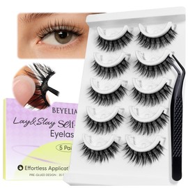 BEYELIAN Self Adhesive Eyelashes No Glue Needed Pre Glued Reusable False Eyelashes, Wispy Natural Look Faux Mink Press on Lashes 5 Pairs ZCV-189