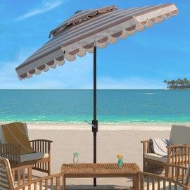 SAFAVIEH Outdoor Collection Vienna Beige/White Stripe Scallop Doubletop 9Ft Crank Auto Tilt Umbrella for Backyard, Patio, Deck, Poolside