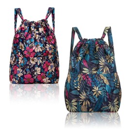 SAIIURV 2 Pieces Drawstring Swimming Bag Women, Floral Pattern Waterproof Sports Gym Sack, Casual Lightweight Outdoor Backpack Large Capacity for Adults Hiking Camping (2PCS)