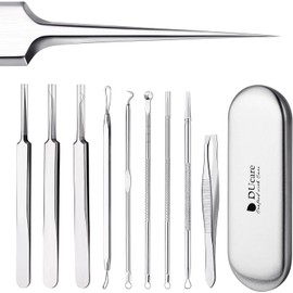 DUcare 9-piece Tweezers, Square Bottle Remover, Stainless Steel, 0.004 inch (0.1 mm) Wide Tip, Universal Tweezers, Pimple Removal, 9 Tools for Pore Care, Stainless Steel, For More Precision Work,