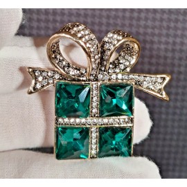 Unbranded Vintage Gift Box Crystal Rhinestone Green Bowknot Brooch Pin and Gold Bag