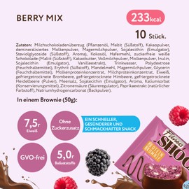 Fitnesshock Weiße Schokolade Brownie Mixbox ohne Zuckerzusatz mit 15% Eiweiß, sättigende Ballaststoffe, weiche Konsistenz, 10 Stück, 50g - Himbeere und Brombeere Mischung