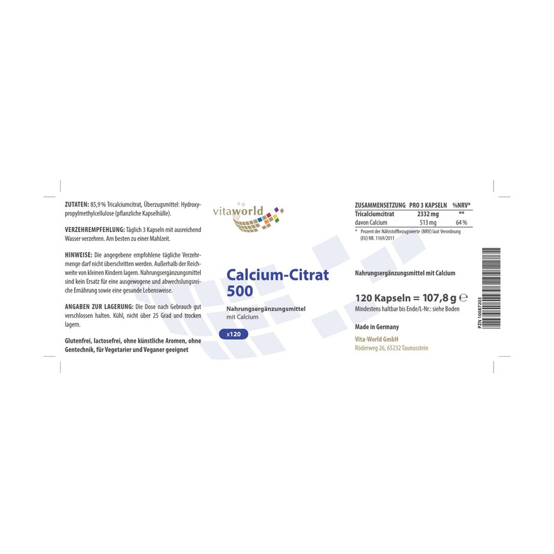Vitaworld Calcium Citrate 500 Capsules, Pack of 120 Capsules