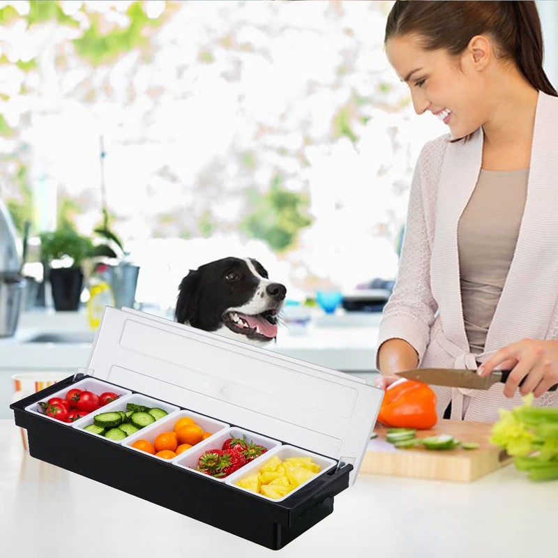 MUKEEN Ice Cooled Condiment Serving Container-6 Compartment Chilled Garnish Tray
