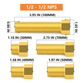 GASHER 5PCS Extension Brass Pipe Fitting, 1/2" Female to 1/2" Male Pipe Hex Bushing Adapter Converter Adapter, 30mm/40mm/50mm/70mm/100mm