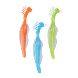 KEQAR 3 Stück Premium Hygiene Harte Prothesenbürste Doppelseitige Prothesenreinigungsbürste Mit Mehrschichtigen Borsten und Rutschfestem Gummigriff für Die Reinigung Falscher Zähne (Zufällige Farbe)