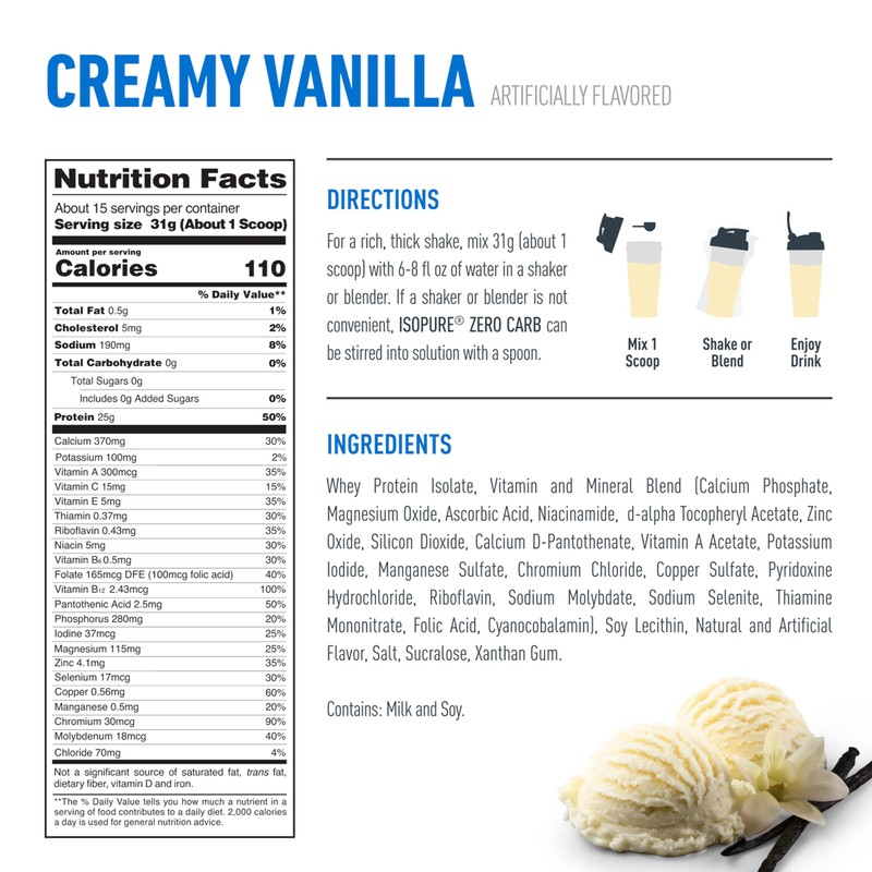 Isopure Zero Carb 100% Pure Whey Isolate Protein Powder, Lactose