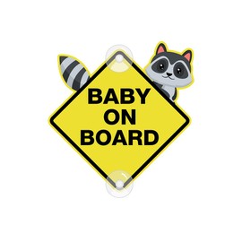 ASSURED SIGNS Baby On Board Sign with Suction Cups,Baby Safety Warning Decal for Cars- Bright Yellow, Durable and Strong Suction (raccoon baby on board)