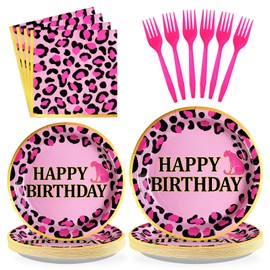 Grencian 96 Pcs Pink Leopard Birthday Party Supplies Cheetah Print Decorations Leopard Print Paper Plates Disposable Animal Jungle Safari Tableware Set for Girls Two Wild Birthday Cheetah Themed Party