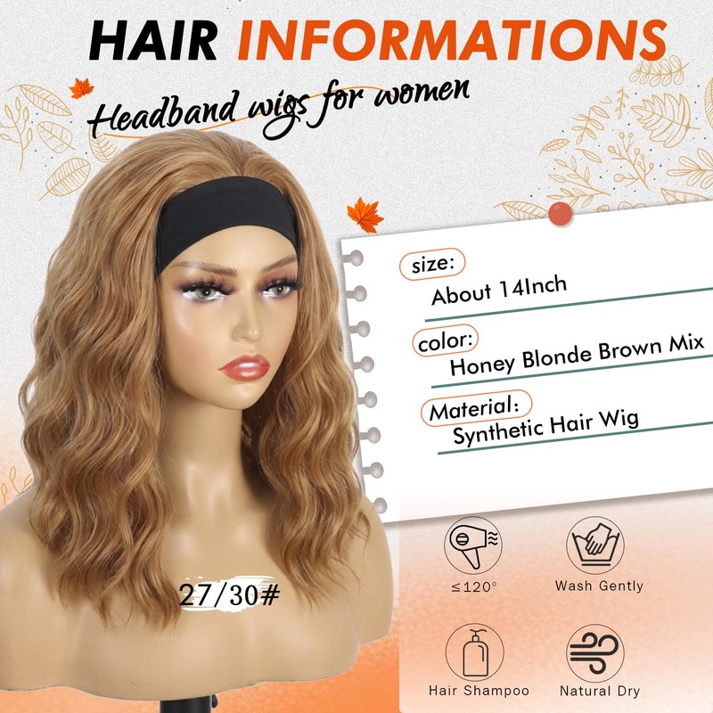 Glueless Wavy Headband Wigs 14inch Synthetic Honey Blonde Brown Mix