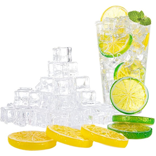 60PCS Clear Fake Ice Cubes Lemon Slice Set, 50Pcs Artificial