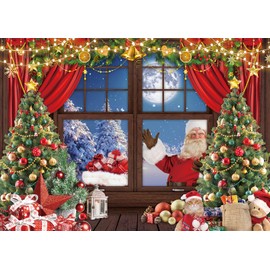 Santa Claus Backdrop Christmas Tree Gift Winter Snow Window Photography Background Xmas Indoor Outdoor Winter New Year Christmas Party Decoration (7x5FT)