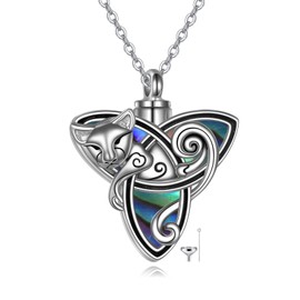 POPLYKE Cat Ash Necklace for Women Sterling Silver Celtic Cat Urn Necklace Cremation Jewelry for Ashes (cat abalone shell urn necklace)