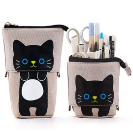 Maomaoyu Cute Cartoon Cat Stand up Pencil, Cat Pencil Case for Girls, Large Lightweight Canvas Holder for Kids Students Adults Girls Boys Presents, Grey