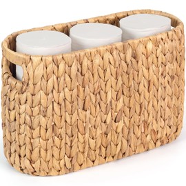 Toilet Paper Storage Holder with Built-in Handles, Water Hyacinth Toilet Papers Holder for up to 6 Mega Rolls, Wicker Toilets Paper Baskets, Decor Bathroom Storage Basket for Countertops,Shelves