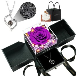 Preserved Flowers Mothers Day Gifts for Mom, Forever Real Rose with I Love You in 100 Languages Heart Necklace, Birthday Gifts for Women Mom Wife Girlfriend on Valentines Mothers Day Anniversary Purple