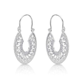 Diamond Treats 925 Sterling Silver Hoop Earrings for Women, Large Tribal Hoop Earrings with Intricate Filigree Design, Large Vintage Ethnic Silver Hoops for Women