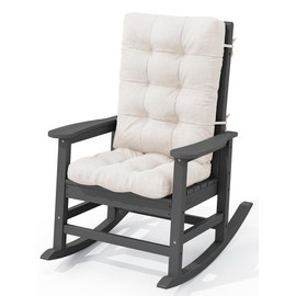 KINGYES HDPE Rocking Chair Outdoor with Thick Cushions, All-Weather Patio Rocking Chair Porch Rocker for Outside, Grey Chair with Beige Cushion
