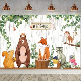 Woodland Baby Shower Backdrop Banner Jungle Animals Theme Oh Baby Baby Shower Party Decorations Woodland Creature Photography Background for Boy or Girl Welcome Party