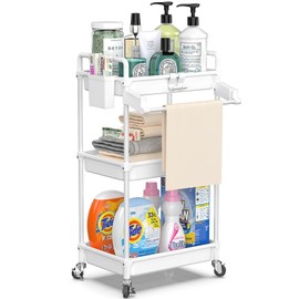 SPACEKEEPER Rolling Storage Cart, 3 Tier Utility Cart Laundry Room Organization Mobile Shelving Unit Bathroom Organizer with Towel Rack, Lockable Wheel, Hooks & Cup for Kitchen Office, White