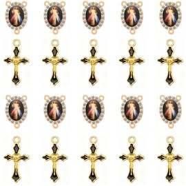 Jiali Q 40 Piece Set Rhinestone Religious Rosary Making Supplies, 20 Oval Saint Connectors and 20 Enamel Cross Charms, 0.87 x 0.6 inch Medallions, 1.23 x 0.7 inch Crosses (Black&Divine Mercy Jesus)