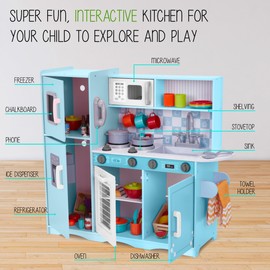Lil' Jumbl Kids Kitchen Set, Pretend Wooden Play Kitchen with Chalk Board, Play Phone, Towel Rack & Ice Dispenser, Clicking Knobs, Pots & Utensils Included - Colorful