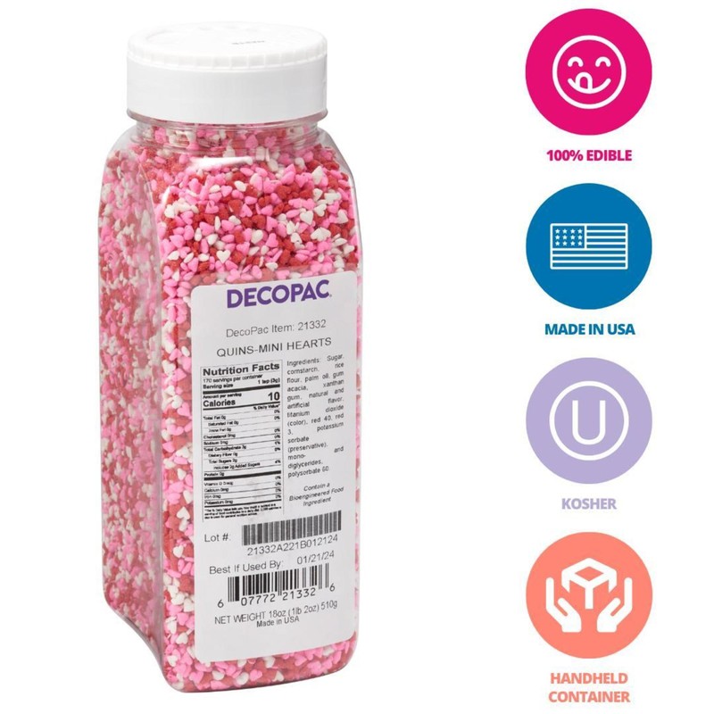 DECOPAC Valentine's Day Quins, 18oz, Fancy Sprinkles In Heart Shapes,