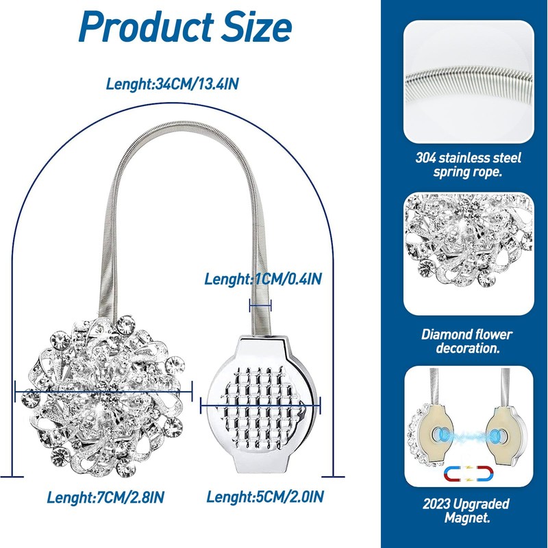 BOCHION Curtain Tie Backs, 4 Pack Sparkling Magnetic Curtain Tiebacks,