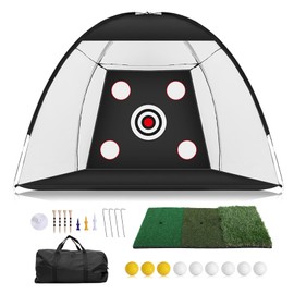 AOMIUM Golf Net with Practice Mat,Golf Hitting Aid Nets 10x7F for Indoor & Outdoor Use with -Turf Mat 5 Balls 3 Tees Carry Bag Suitable As a Gift for Men and Golfers