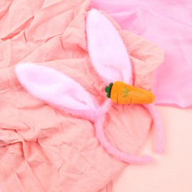 Jacnkb Easter Plush Bunny Headband Pink Bunny Ear Hairband Cute Rabbit Ear Hair Hoop with Carrot Fluffy Animals Ear Headwear Headpieces Easter Hair Accessories for Women Girls Easter Party Decoration