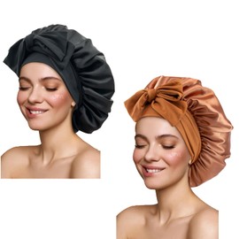 Satin Silk Hair Bonnet for Sleeping Large Bonnets with Tie Band Wrap with Adjustable Straps Night Sleep Caps for Women Curly Braid Hair (Black,Copper)