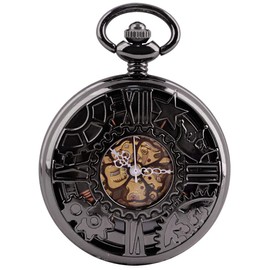 Whodoit Fashion Black Skeleton Crown Gear Pentagram Mechanical Pocket Watch, Antique Roman Numeral Dial Mechanical Pocket Watches for Men