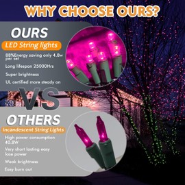 JUSTPRO 100 LED Mini Christmas Lights,Outdoor Pink Led String Lights for Garden Wedding Patio Trees Lighting Decoration,21.6 Feet Green Wire