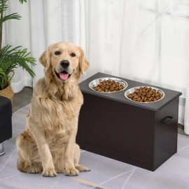 Raised Pet Feeding Storage Station with 2 Stainless Steel Bowls Base for Large Dogs and Other Large Pets, Dark BrownColor: Black