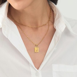 LETFLY Initial Gold Necklaces for Women, 18K Gold Plated Letter Layering Necklace Square Shaped Pendant with Adjustable Paperclip Chain for Womens Jewelry Gifts Alphabets J