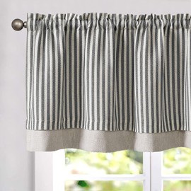 Vangao Kitchen Valance Linen Blend Stripe Short Curtains Farmhouse Rustic Pinstripe Tickingstripe Double Layer Blackout Rod Pocket Window Topper Treatments 18 Inch 1 Panel Black on Beige