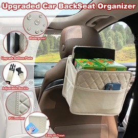 Witaxima 2 Pack Upgraded Car Seat Organizer Backseat with Storage Pockets, Multipurpose Car Organizer Hanging Car Trash Bag Premium PU Leather Garbage Can 2.14 Gallon Large Capacity Accessories Beige