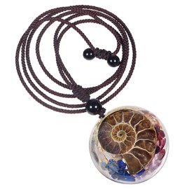 KYEYGWO Natural Snail Ammonite Fossil Pendant for Men and Women, 7 Chakras Stone Necklace, Reiki Healing Crystal Pendant, Gemstone Amulet, Retro Jewellery with Adjustable Nylon Rope, Resin Nylon