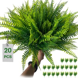 20 Bundles Artificial Boston Ferns - UV Resistant, Lifelike Fake Fern Plants for Outdoor and Indoor, Garden Porch Window Box Decoration, Small Faux Fern Plant, Artificial Filler Fern (20, Green)