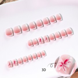 Short Square Press on Nails French Tip Fake Nails Square Pink Ombre Glue on Nails with 3D Butterfly Floral Design False Nails Spring Nail Acrylic Full Cover Glossy Stick on Nails for Women 24Pcs