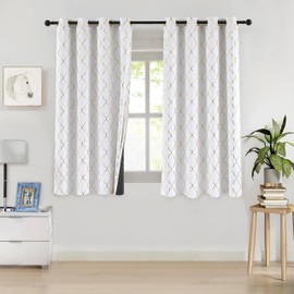ZJDECOR Short Full Blackout Window Curtain Panels for Bedroom,Geometric Moroccan Pattern Metallic Foil Drapes,Room Darkening Heat Blocking Window Treatment,Grommet Top,52"Wx63"L(Pack of 2),White/Gold