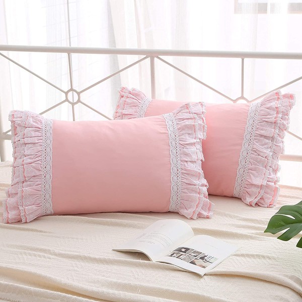 Meaning4 2-Pack Pink Pillow Shams Cases Covers with Ruffles and