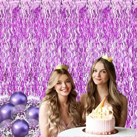 Party Decorations, Wavy Foil Fringe Curtain - 3.2x6.5 Feet, Pack of 2 and 5 Metallic Balloons & 5 Confetti Balloons， Water Streamer Backdrop for Summer Beach Party Decorations Summer (Purple)