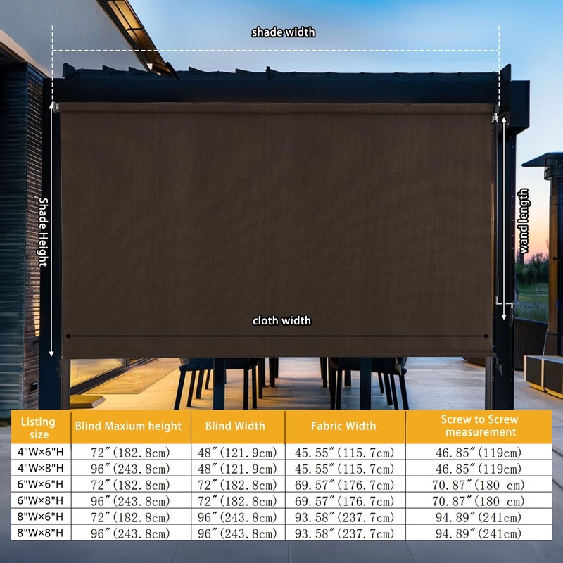 sunoff Outdoor Roller Shades，Cordless Patio Roller Up Blinds with Shade