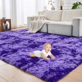 OPPODREAM Area Rug 5x7 for Living Room, Ultra Soft Nursery Rugs for Bedrooms, 5 x 7 Fluffy Kids Carpet with 0.4" Thick Non-Slip Backing, Long Pile Shag Carpet, Fuzzy, Shaggy, Tie-dye Purple & Blue