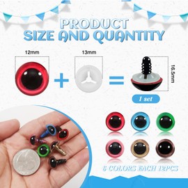 TOAOB 72pcs 12mm Colorful Safety Eyes for Crocheting Craft Stuffed Animals Eyes with Washers for Amigurumis Crochet Bears Dolls Making