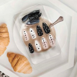 Almond Press on Nails Heart Full Cover Fake Nails White French Tip Acrylic Nails Valentines Glue on Nails Glossy Black White Heart Designs False Nails Artificial Sparkling Almond Nails for Women